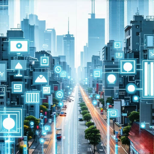 Futuristic cityscape with digital overlays illustrating AI and AR in local SEO