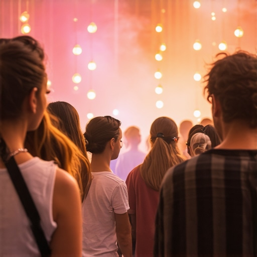 A lively neighborhood gathering with digital overlays of local SEO elements