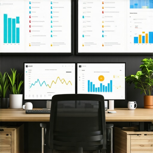 A futuristic office environment with AI-powered data analysis tools for local SEO.