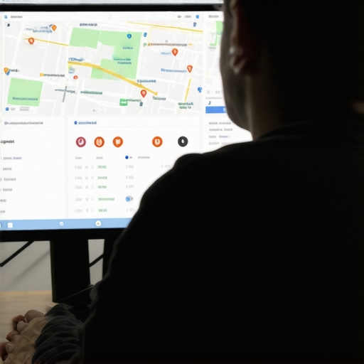 Business owner reviewing local SEO and proximity metrics on a digital map.
