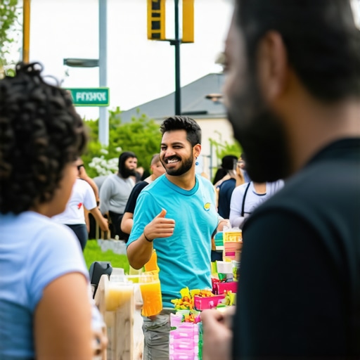 Neighborhood community event with local businesses and residents engaging in activities.