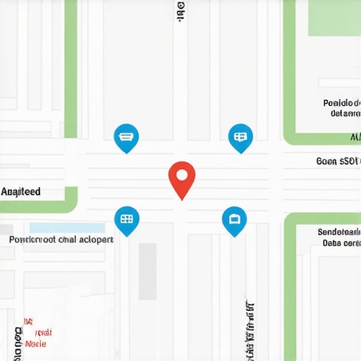 Map with proximity zones, SEO icons, and analytics data for local search optimization