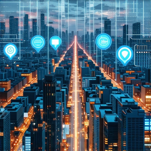 A digital city map with data points and overlays indicating advanced local SEO analytics.