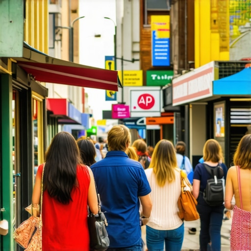 Crowded street with local shops, customers, and signage showing community activity
