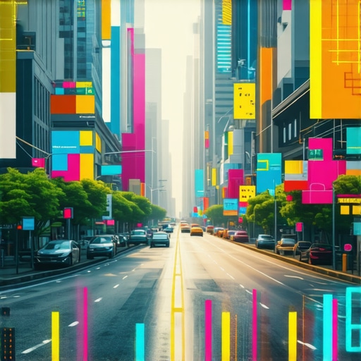 AR-enhanced urban environment for local SEO City streets with AR overlays displaying business information and reviews