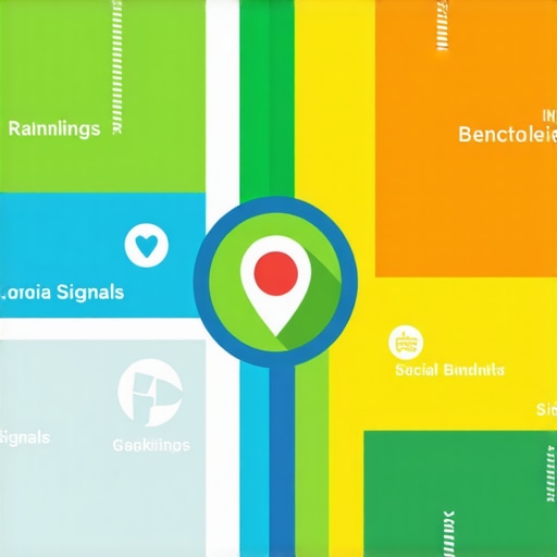 Diagram showing behavioral data, hyperlocal keywords, and social signals impacting Google Maps ranking algorithms.