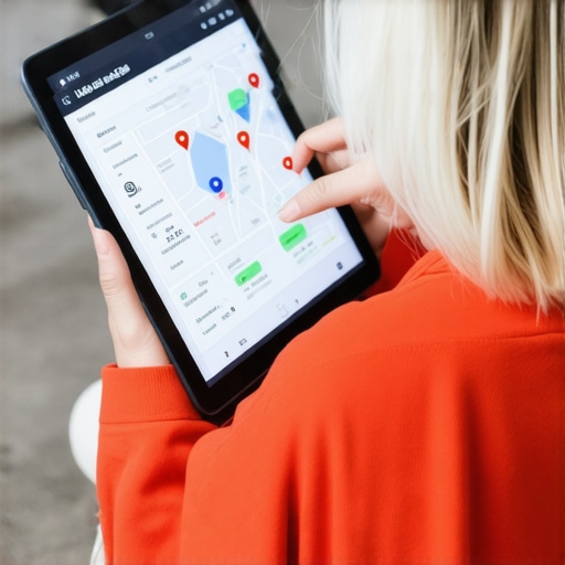 Analyzing Local SEO Data Business owner reviewing local search performance metrics on a tablet, city map in background.