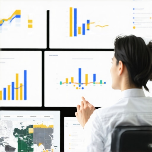 A marketer reviewing local SEO metrics and maps on multiple screens.