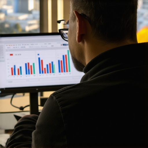 Business owner using digital analytics tools for local SEO with city backdrop.