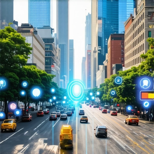 Next-Level Local Search Technologies Illustration of futuristic city with AR and voice search interfaces for local SEO