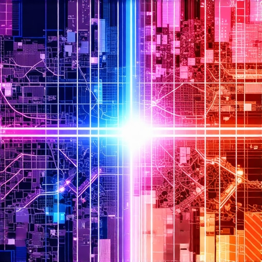 Quantum Data Revolution in Local Search Graphical representation of quantum data streams influencing urban geospatial signals.