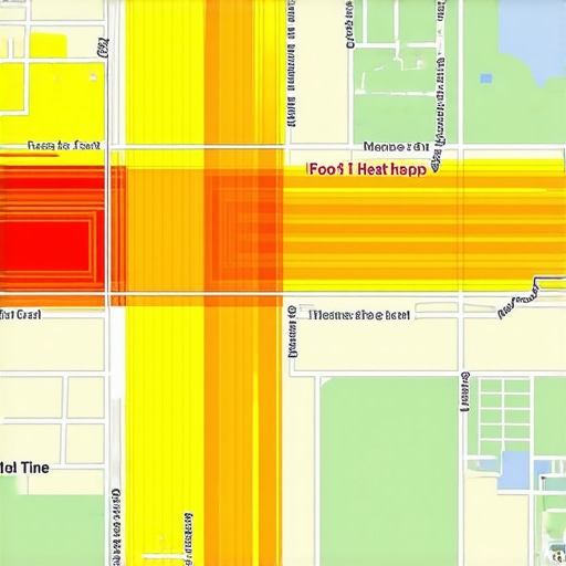 Urban Foot Traffic Heatmap for Local SEO Heatmap visualization of foot traffic across a city neighborhood to optimize local SEO strategies.