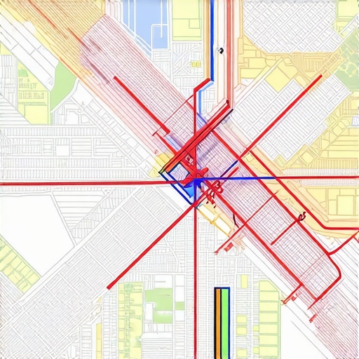 Map with urban mobility, demographic heatmaps, and environmental data overlays illustrating proximity analytics.