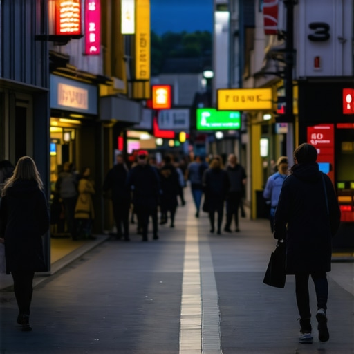 A busy neighborhood street with local shops illuminated, illustrating community engagement and relevance