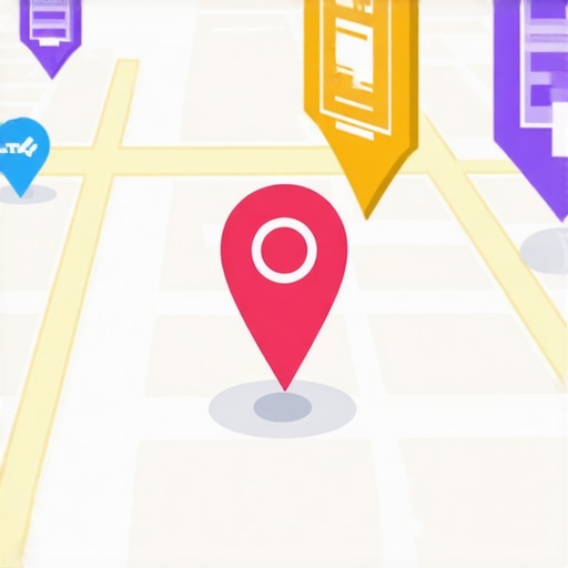 Map with voice search icons, local business listings, and proximity indicators.