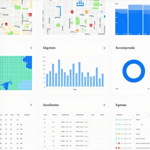Dashboard showing proximity analytics, social signals, and schema markup data visualizations.