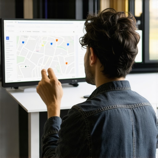 Analyzing Local Search Data for Better Rankings Business owner reviewing local search analytics with digital maps and data dashboards.