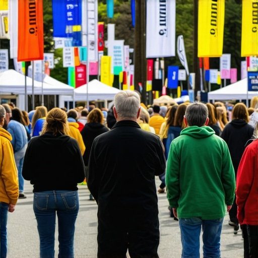 Community Engagement Impact on Local SEO Local community participating in a neighborhood event with banners and local business support.