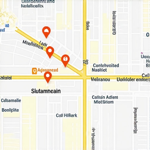 City map highlighting local businesses with analytics graphics overlay