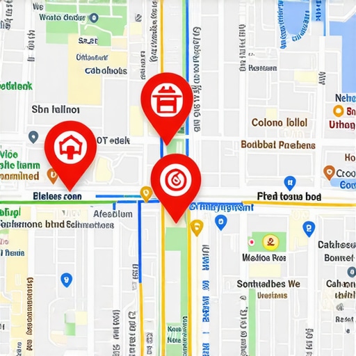 Illustration of city map with interconnected data sensors and IoT devices improving local SEO