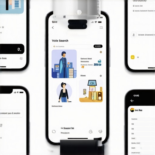 Voice Search Optimization in Local SEO Person using voice search on smartphone near a local shop with AI icons.