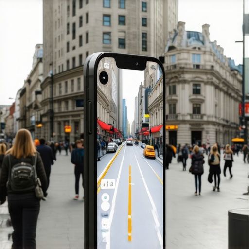 Smartphone displaying augmented reality navigation in urban environment