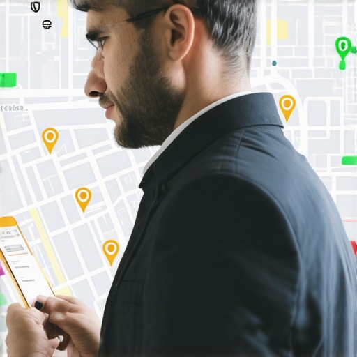 Advanced Local Engagement Analytics in Action Business owner analyzing location data on digital tablet with city map overlay.