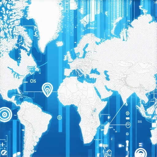 Digital map with layered geo-targeting and analytics symbols.