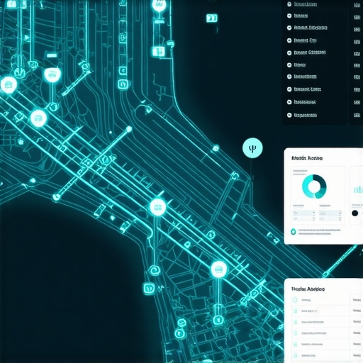 Futuristic digital map highlighting geofenced areas, real-time data streams, and analytics dashboards.