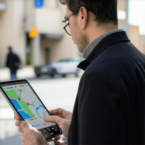 Analyzing Local Data for Enhanced Visibility Business owner examining local analytics on tablet in city setting