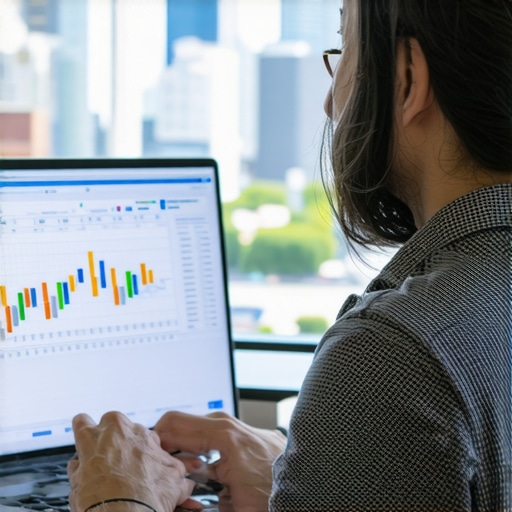 Business owner reviewing local SEO analytics on a computer with urban skyline behind
