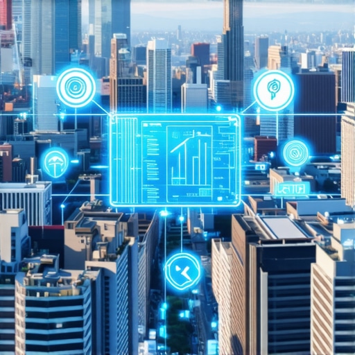 Augmented Reality in Local Search Futuristic cityscape with AR overlays and data analytics icons