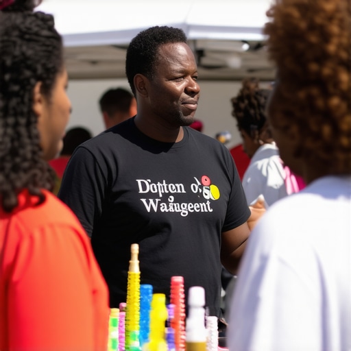 Business owner participating in local event with residents, symbolizing community presence and local authority.