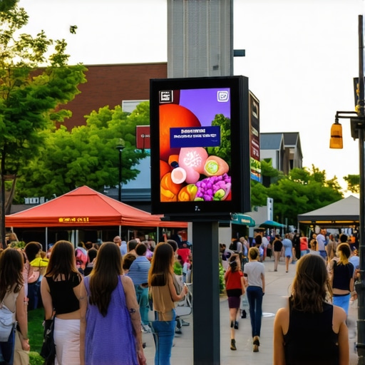 A lively neighborhood scene with people participating in local events and digital displays.