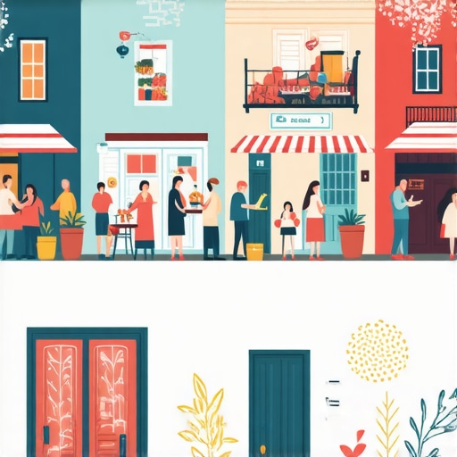Local neighborhood with businesses, residents, and community activities