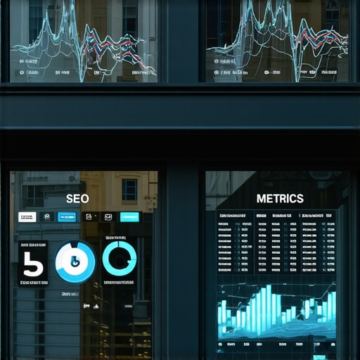 Business storefront with digital analytics overlays showing SEO metrics