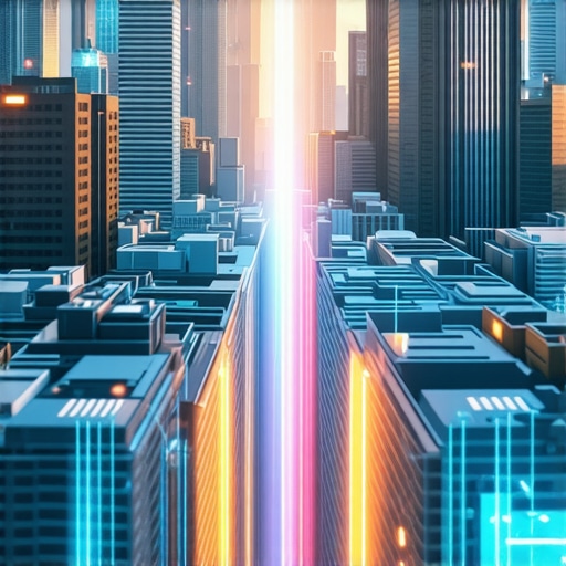 Futuristic city showing digital proximity signals from buildings and devices.