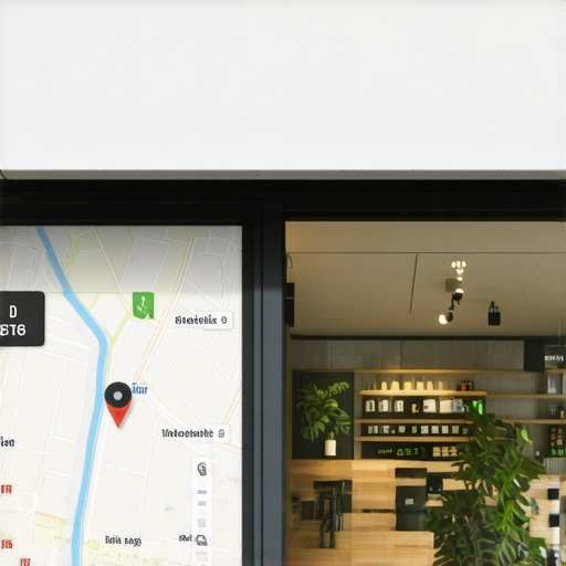 A storefront with digital maps and proximity indicators illustrating local reach.