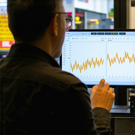 Business analyst reviewing digital foot traffic analytics on a monitor