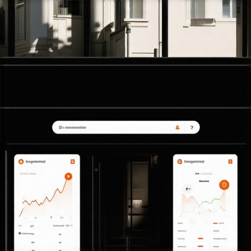 Visual representation of local search analytics in urban environments. City storefront with digital data overlays indicating local SEO signals.