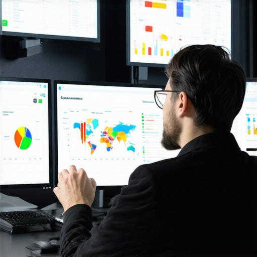 A professional analyzing digital dashboards with graphs, maps, and AI visualization tools for local SEO.