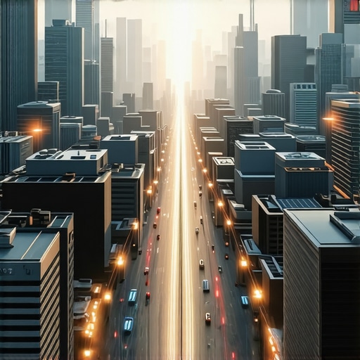 Digital illustration showing urban area with floating proximity signals representing innovative local SEO strategies.