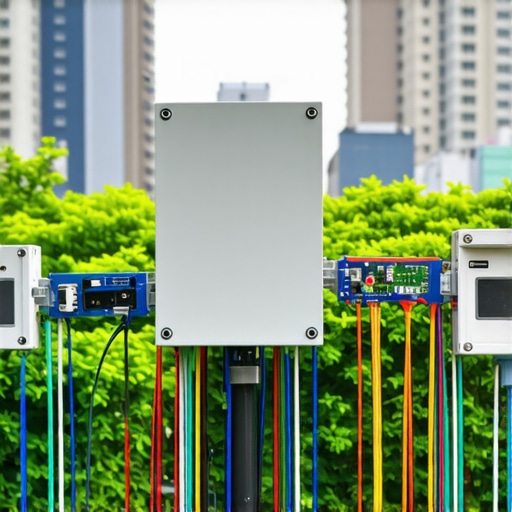 A network of sensors and devices collecting environmental and proximity data in a cityscape.