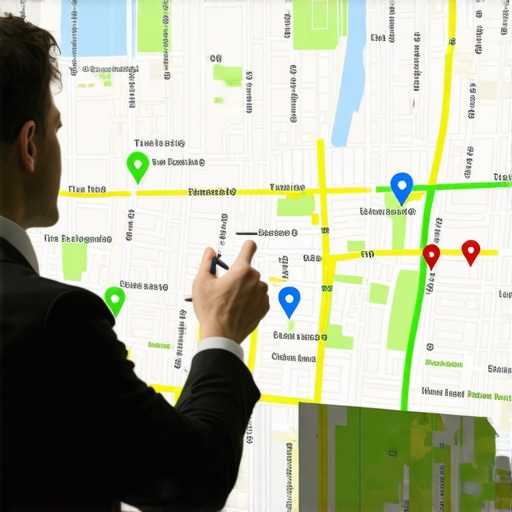 Geo-analytics in action for hyper-local SEO A person reviewing digital geospatial data and neighborhood signals on a large screen.