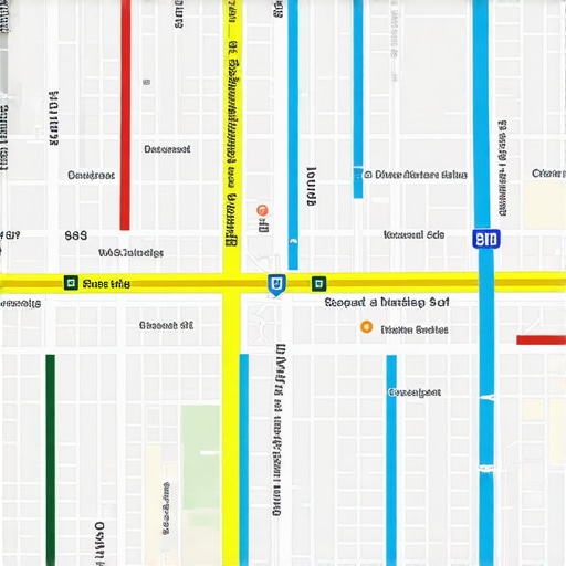 A detailed city map with digital annotations representing local search optimization signals