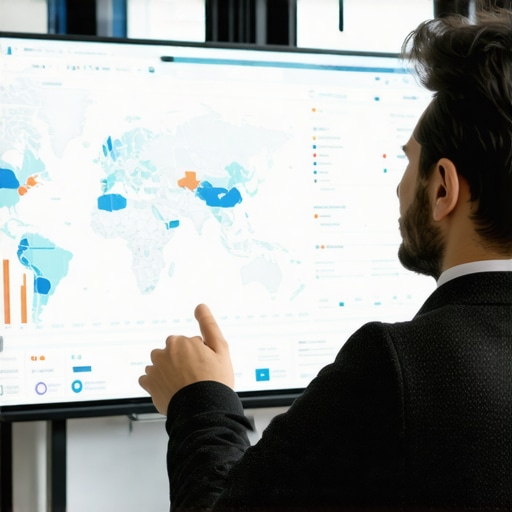 Analyzing Local SEO Data Business owner reviewing local SEO analytics on digital screen with map graphs