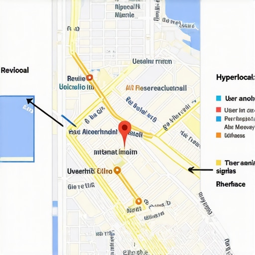 Map with analytics overlays showing local signals, reviews, and AI insights.