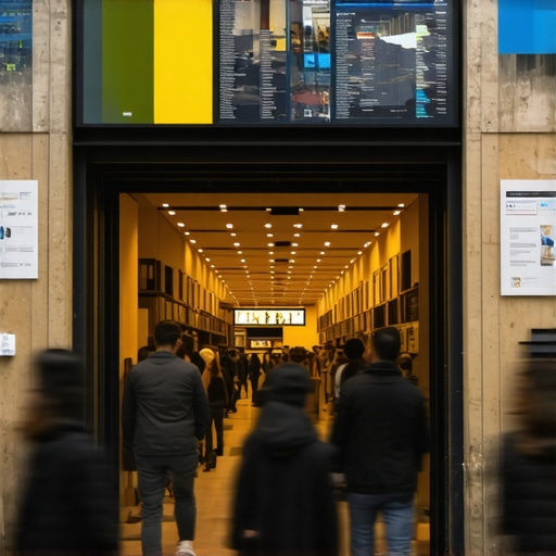 Digital overlays on storefront showing live customer data and analytics visualizations.